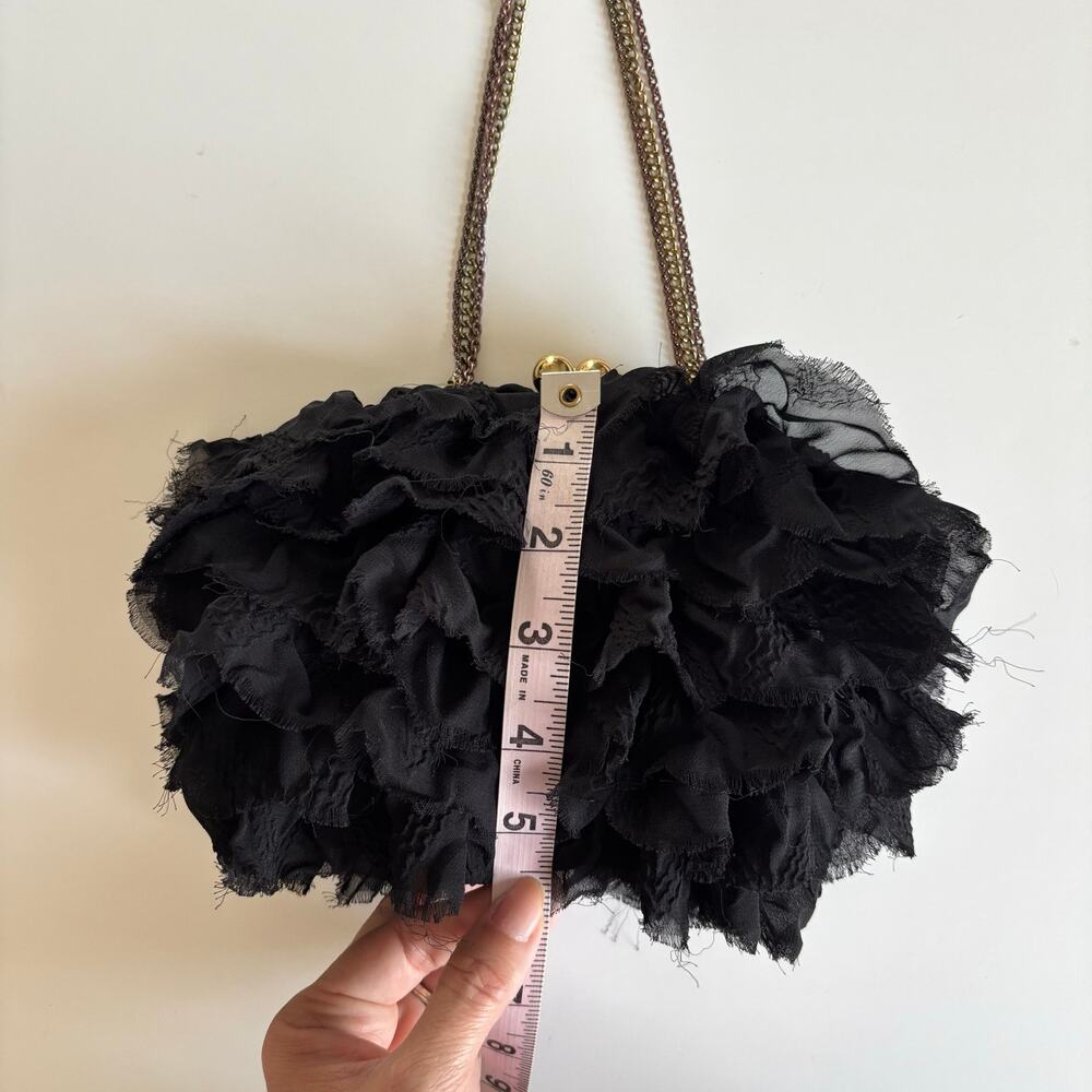 Betsey Johnson Black Ruffled Tulle Multi Chain Strap Clutch Bag Snap Closure - Picture 3 of 6